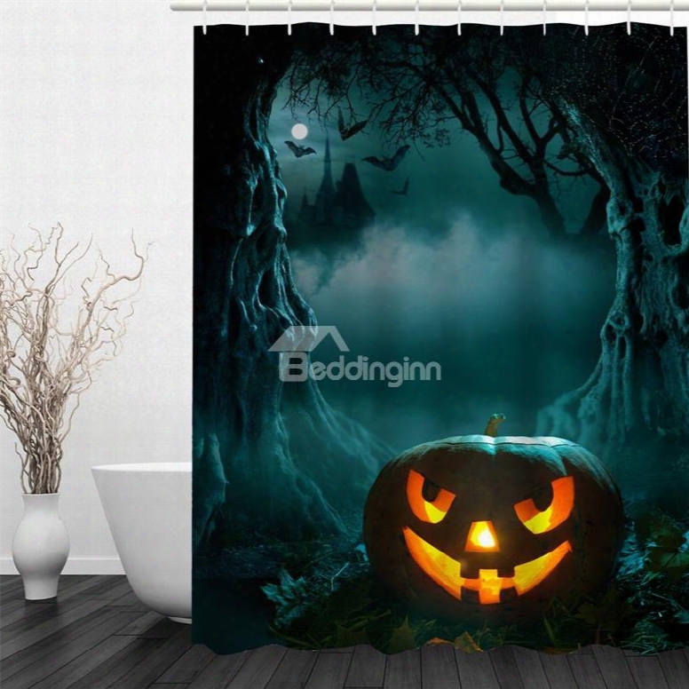 3d Halloweeen Jack-o-lantern In Forest Polyester Waterproof Antibacterial And Eco-friendly Shower Curtain
