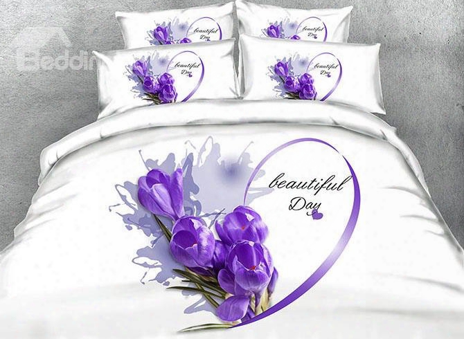 3d Heart-shaped Purple Crocus Printed 4-piece Whit E Bedding Sets/duvet Covers
