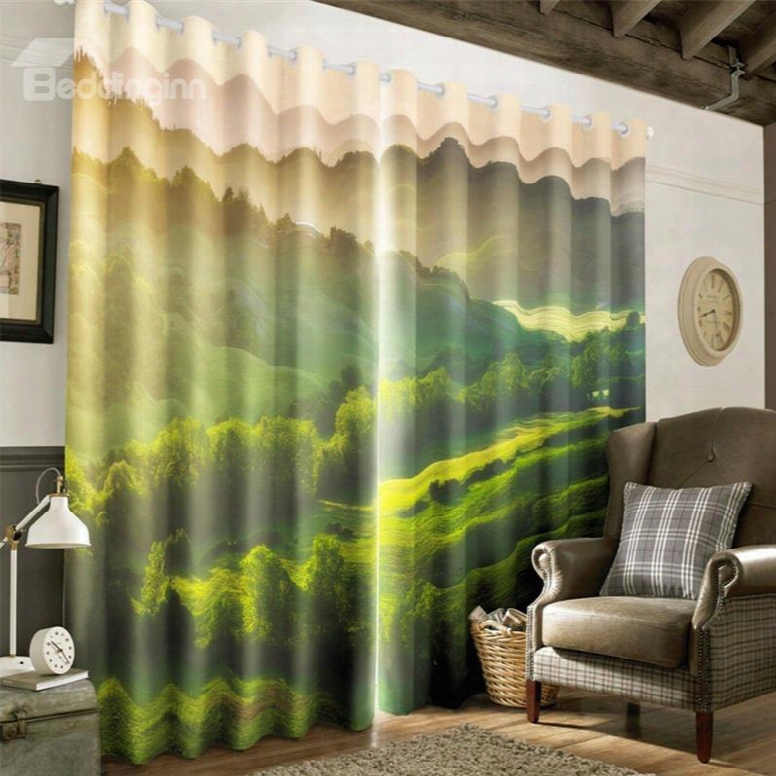 3d Lush And Rolling Hills Printed Natural Beauty 2 Pieces Grommet Top Window Curtain