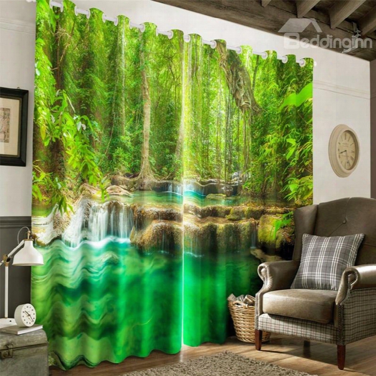 3d Lush Tree And Green Water Printed 2 Panels Decorative And Insulation Drapes