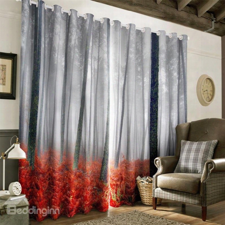 3d Misty Forest And Red Leaves Printed 2 Panels Decorative And Heat Insulation Bedroom Curtain