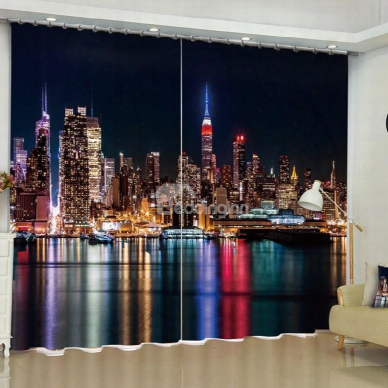 3d Modern Buildings Printed Wonderful Night Landscape 2 Panels Custom Living Room Curtain