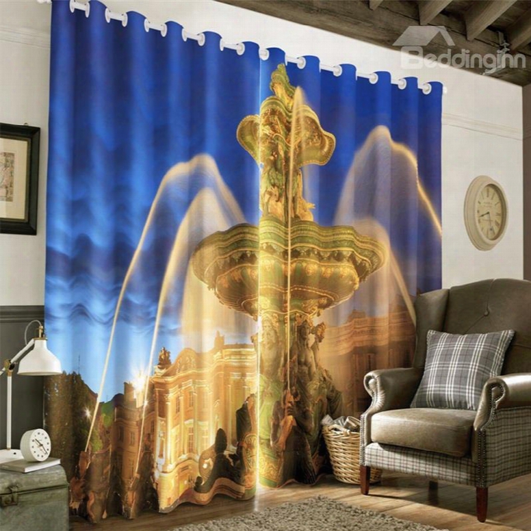 3d Pairs Fountain Night Scenery Printed 2 Panels Decorative And Blackout Custom Curtain