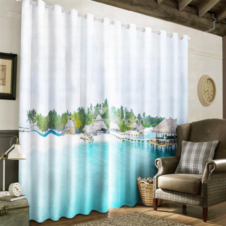 3d Pavilions On The Blue And Clean Sea Printed Modern Sgyle 2 Panels Grommet Top Curtain