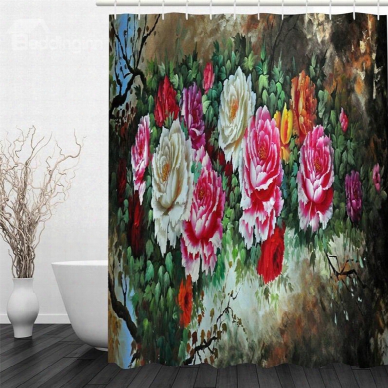 3d Peonies Pattern Polyester Waterproof And Eco-friendly  Shower Curtain