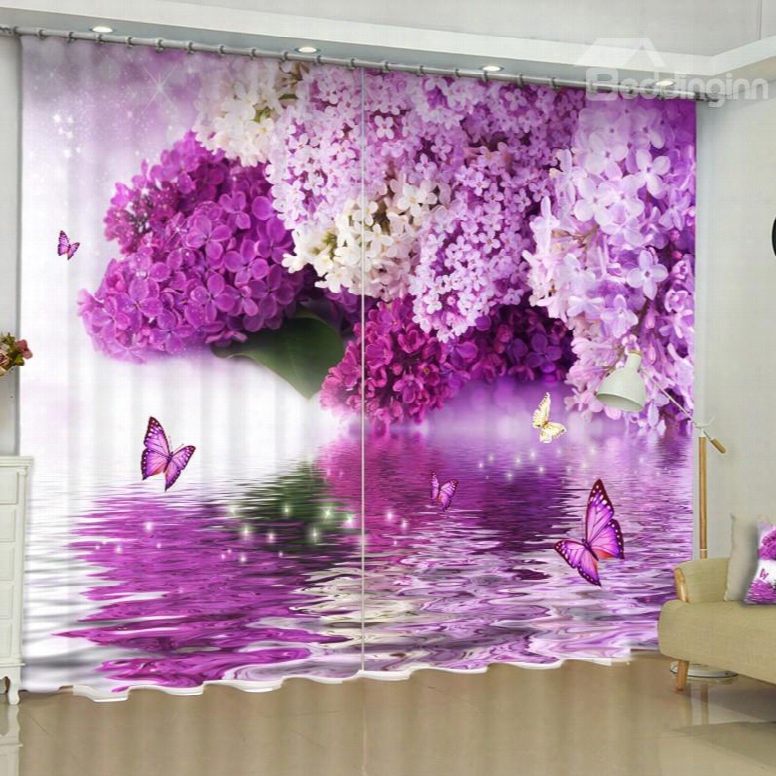 3d Pink Flowers And Butterflies Printed 2 Panels Custom Living Room Curtain