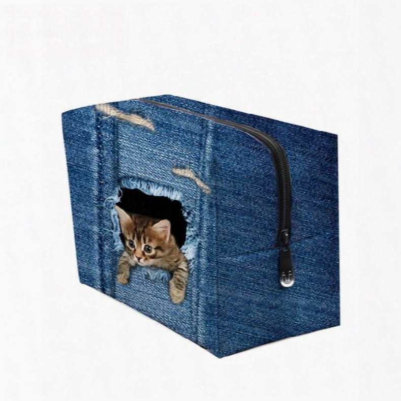 3d Portable Cat With Head Stretched Out Printed Pv Dark Blue Cosmetic Bag