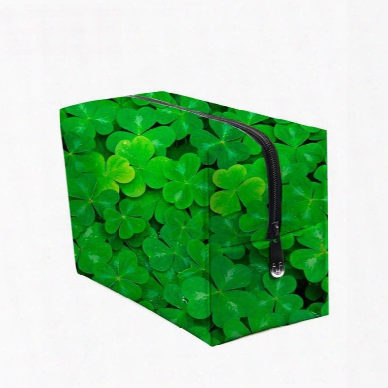 3d Portable Clovers Printed Pv Green Cosmetic Bag