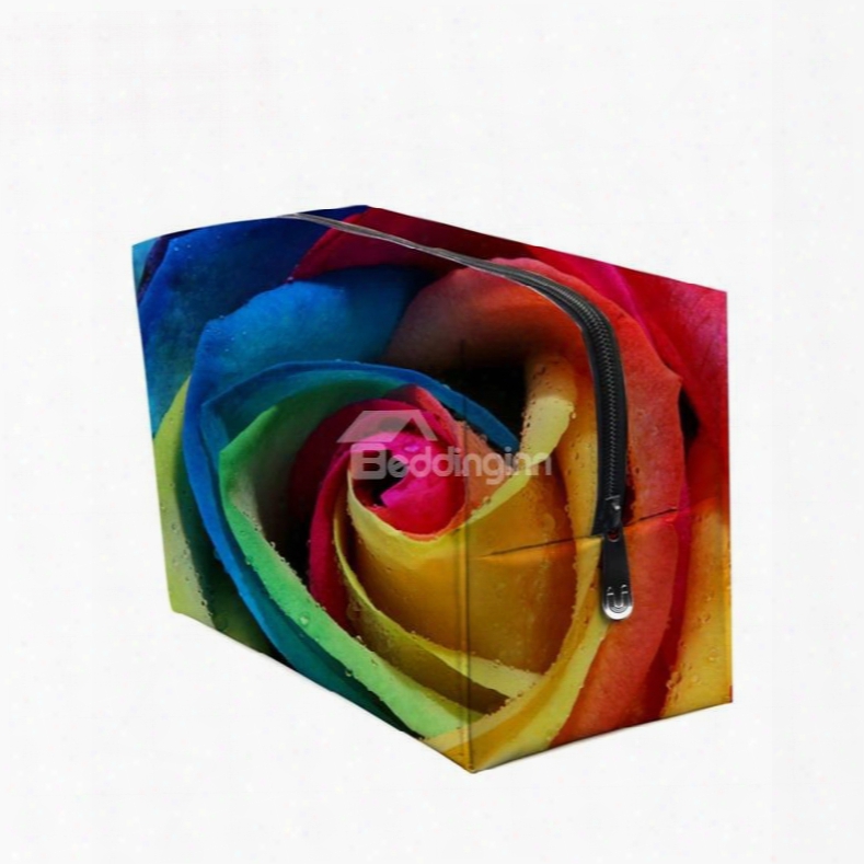 3d Portable Colorful Big Rose Printed Pv Cosmetic Bag