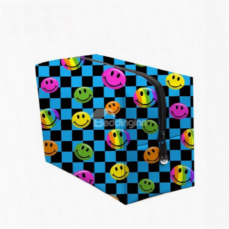 3d Portable Smiling Faces Printed Pv Blue Cosmetic Bag