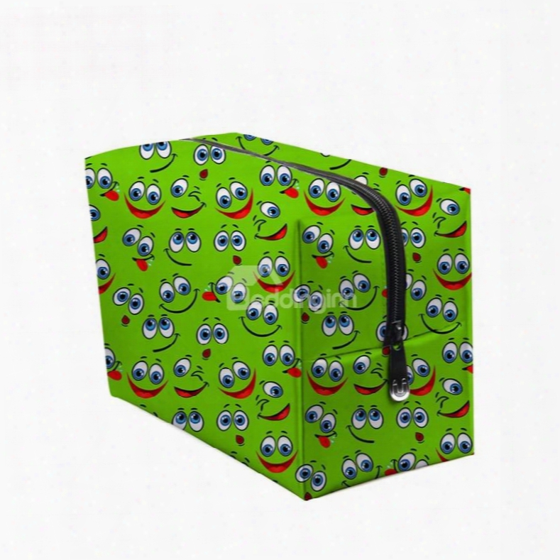 3d Portable Smiling Faces With Big Eyes Printed Pv Green Cosmetic Bag