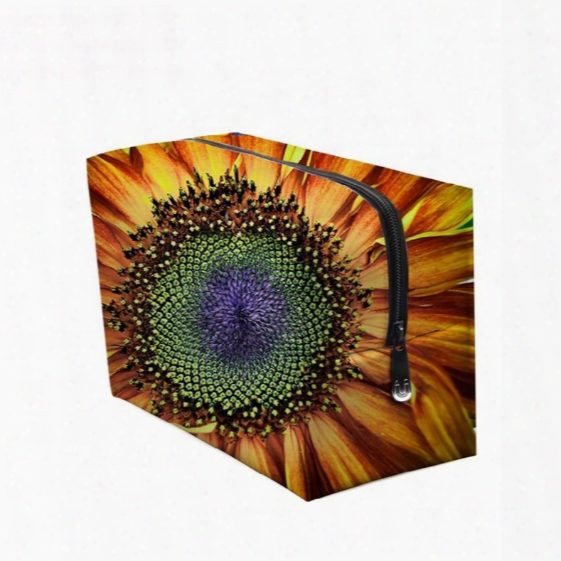 3d Portable Yellow Sunflowers Printed Pv Cosmetic Bag