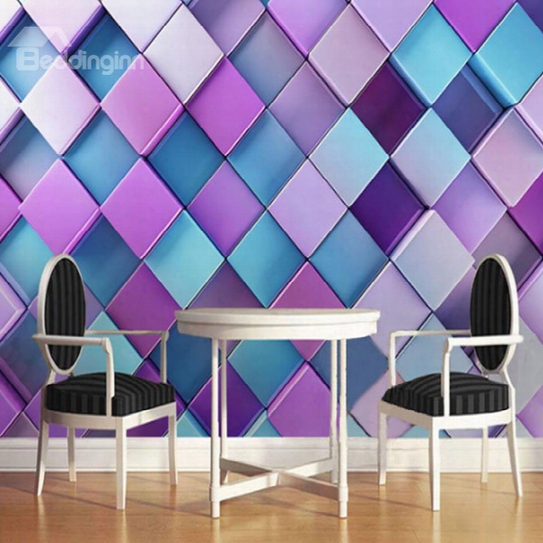 3d Purple And Blue Plaids Printed Sturdy Waterproof And Eco-friendly Wall Mural