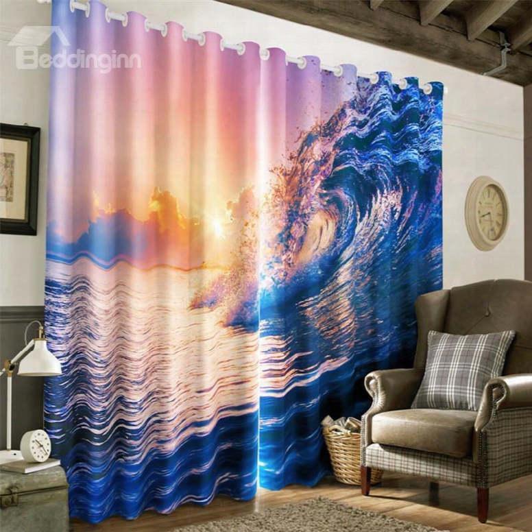 3d Rolling Waves And Golden Sunset Printed Natural Beauty Heat Insulation Window Ucrtain