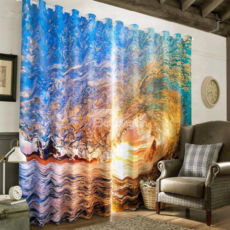 3d Rolling Waves Printed Thick Polyester Natural Power Decorative And Light Insulation Curtain