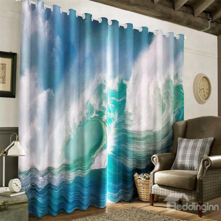 3d Rolling Waves Printed Thick Polyester Printed 2 Panels Window  Curtain