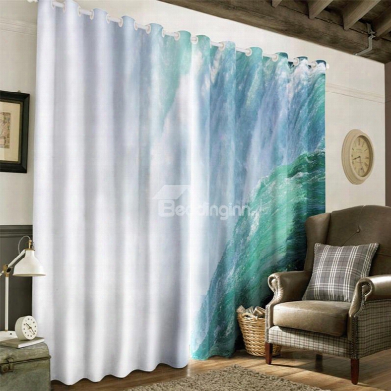 3d Rolling Waving Seas Printed Natural Power Printed 2 Panels Decorative Custom Curtain