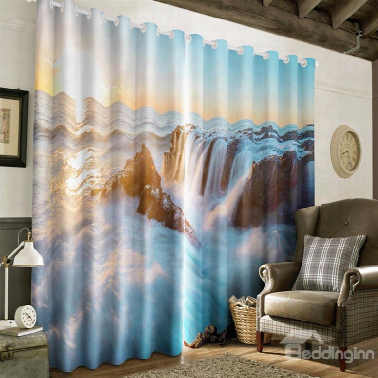 3d Rough Waterfalls And High Mountains Printed Decorative And Heat Insulation Curtain