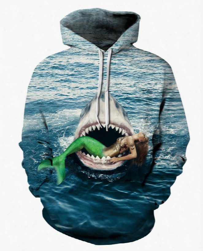 3d Shark Bite Mermaid Pattern Men Sweater Long Sleeve Cool Hoodies