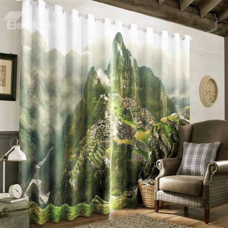 3d Steep Mountain Peak And Ancient Architectures Printed Living Room Window Drapes