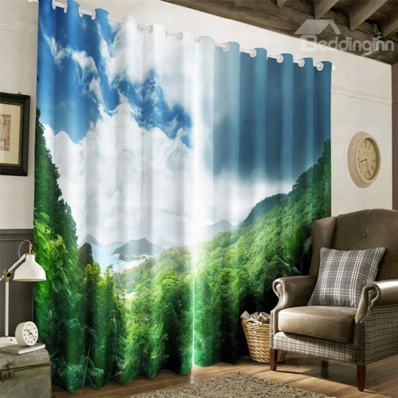 3d Thick Green Forest And Thick Clouds Printed Room Darken Heat Insulated Custom Drapes