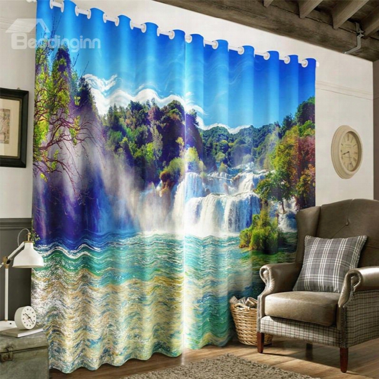 3d Torrential Waterfalls And Green Mountain And Clean Water Printed Great Natural Scenery Drapes