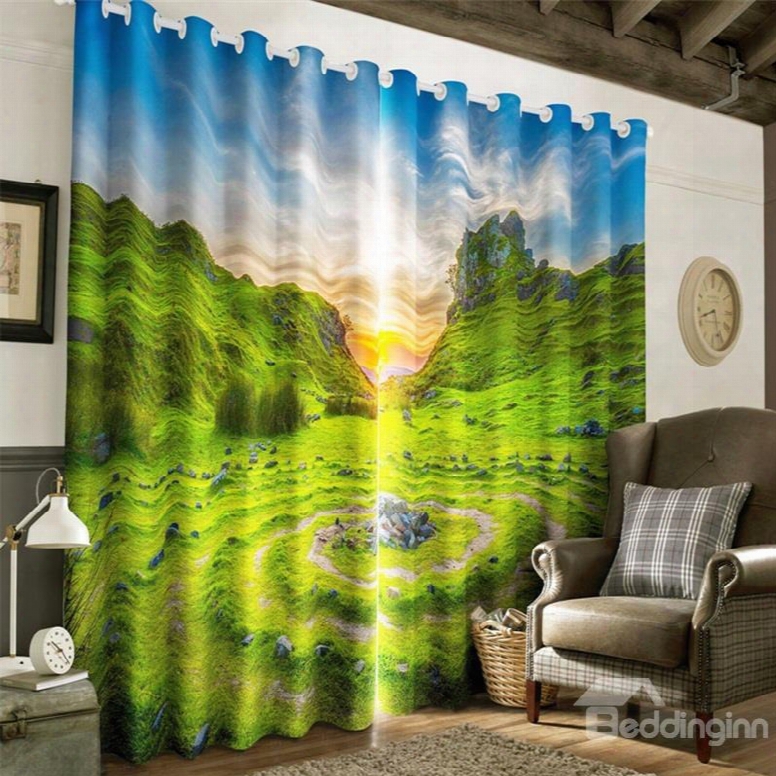 3d Verdant Greeen Valley And Rising Sun Printed 2 Panels Living Room And Bedroom Crtain