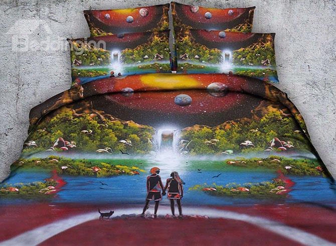 3d Wtaerfall Scenery And Lovers Printed Cotton 4-piece Bedding Sets/duvet Covers