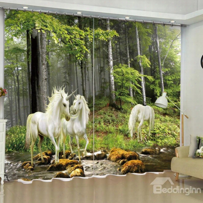 3d White And Strong Unicorns In Forest Printed Custom Living Room Curtain