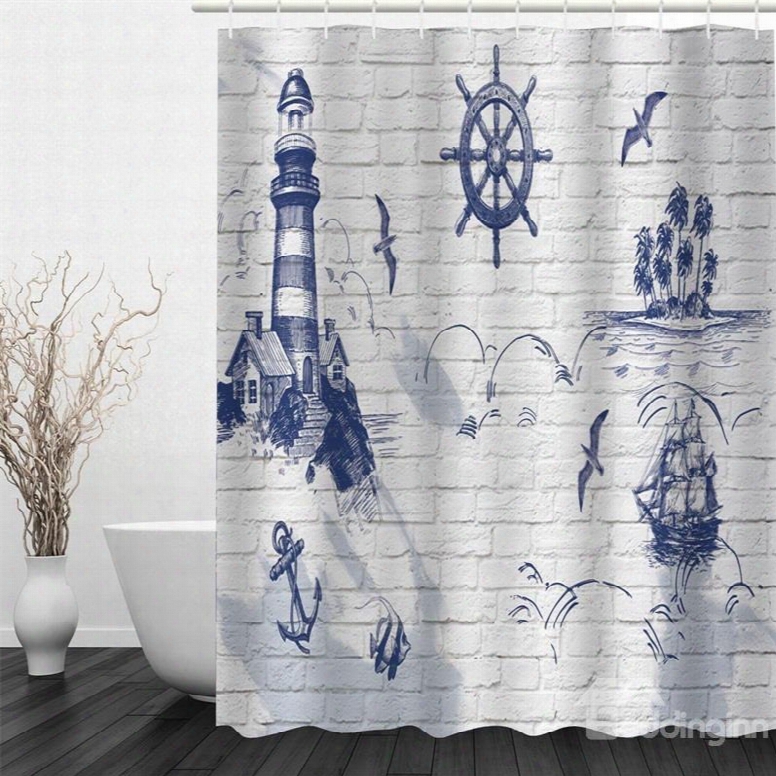 3d White Background With Blue House Pattern Polyester Waterproof And Eco-friendly Shower Curtain