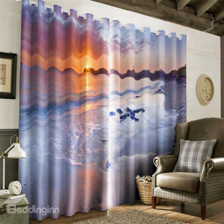 3d White Beach And Grand Sunset Landscape Printed Natural Beauty Living Room Curtain