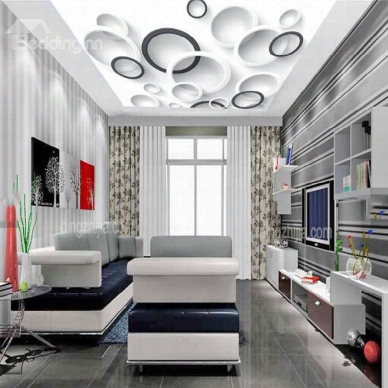 3d White Black Circles Printed Pvc Waterproof Sturdy Eco-friendly Self-adhesive Ceiling Murals