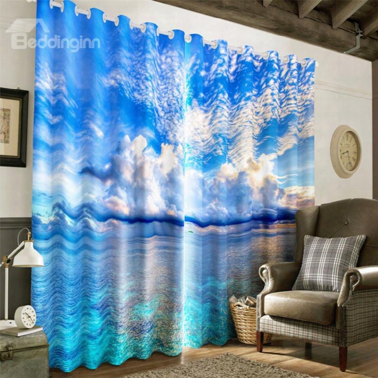 3d White Clouds With Blue Sky And Blue Seas Printed Decorative And Heat Insulation Curtain