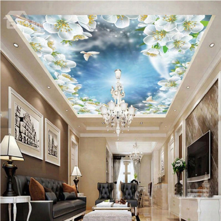 3d White Flowers Under Sky Pattern Pvc Waterproof Sturdy Eco-friendly Self-adhesive Ceiling Murals