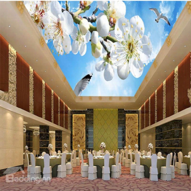 3d White Peach Flowers Pattern Waterproof Durable And Eco-friendly Ceiling Murals
