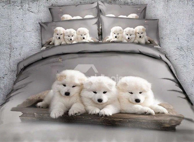 3d White Puppies And Lighthouse Printed Cotton 4-piece Bedding Sets/duvet Covers