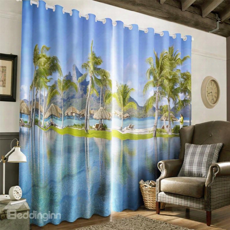 3d Wooden Pavilions And Peaceful Lake With Green Palm Trees Printed Blackout Grommet Top Curtain