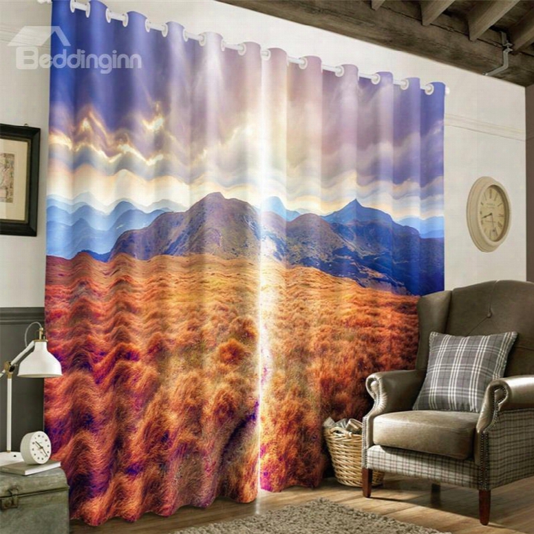 3d Yellow Grassland And Rolling Mountains With Soft Sunlight Printed 2 Panels Decorative Curtain