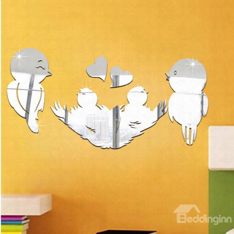 9␔18in Birds And Heart Shapes Mirror Waterproof And Eco-friendly 3d Wall Stickers