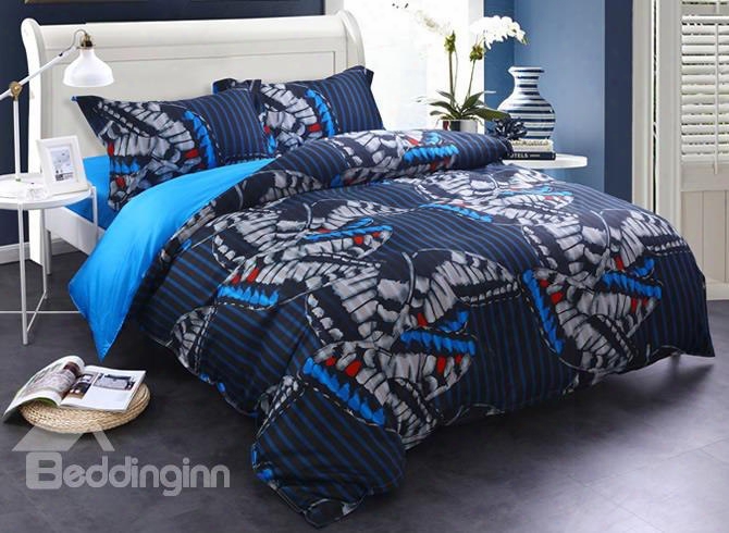 Adorila 60s Brocade Flying Butterflies With Stripes Texture Printed 4-piece Cotton Bedding Sets