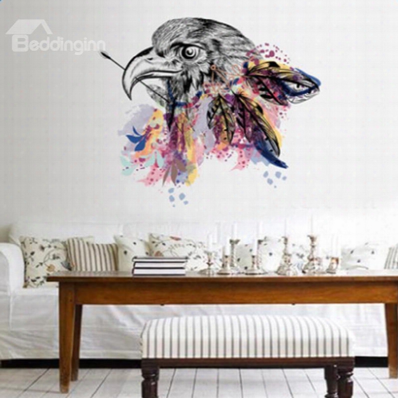 Amazing Simple Style Eagle Head With Colorul Feathers Pattern Wall Stickers
