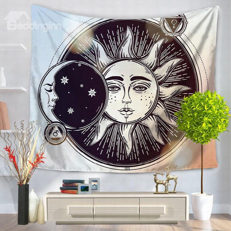 Anthropopathic Sun And Moon Black And White Figure Decorative Hanging Wall Tapestry