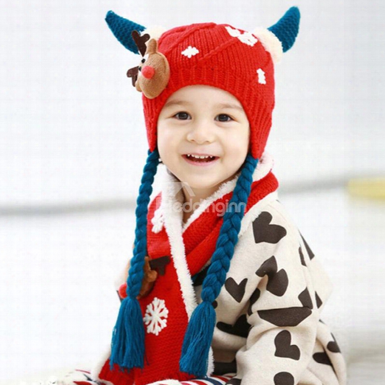 Antlers Shape Pigtail And Deer Decoration Cotton Baby Hat And Scarf Set