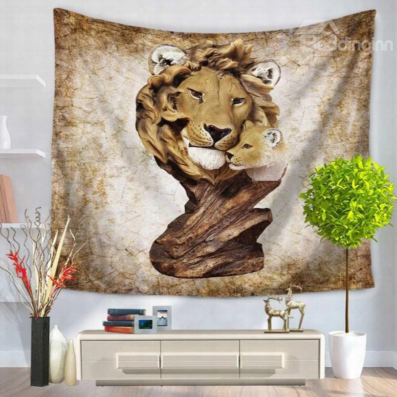 Artful Wood Carving Two Lions Decorative Hanging Wall Tapestry
