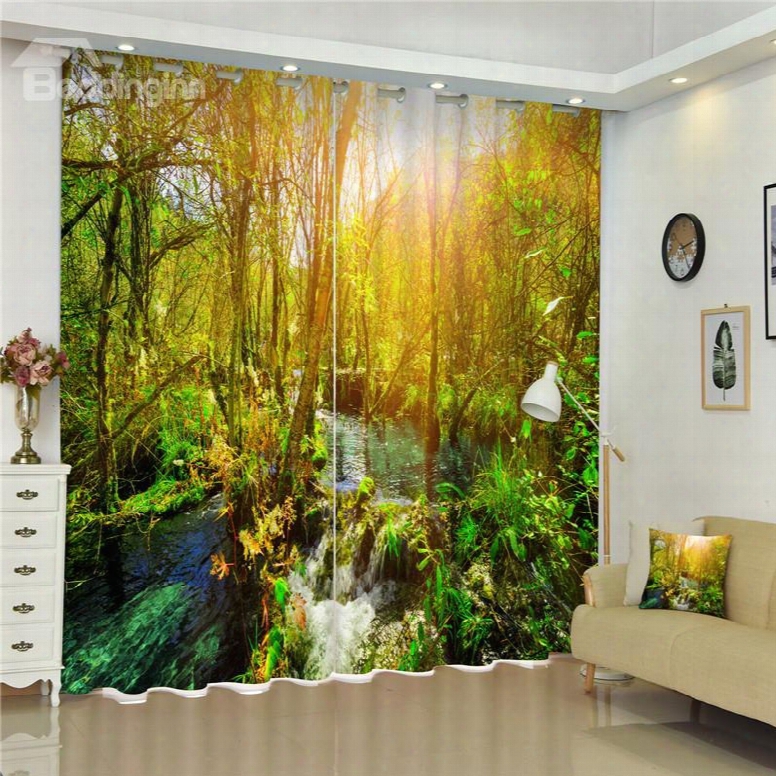 Attractive And Wild Forest And Flowing River With Rising Sun 3d Living Room Curain