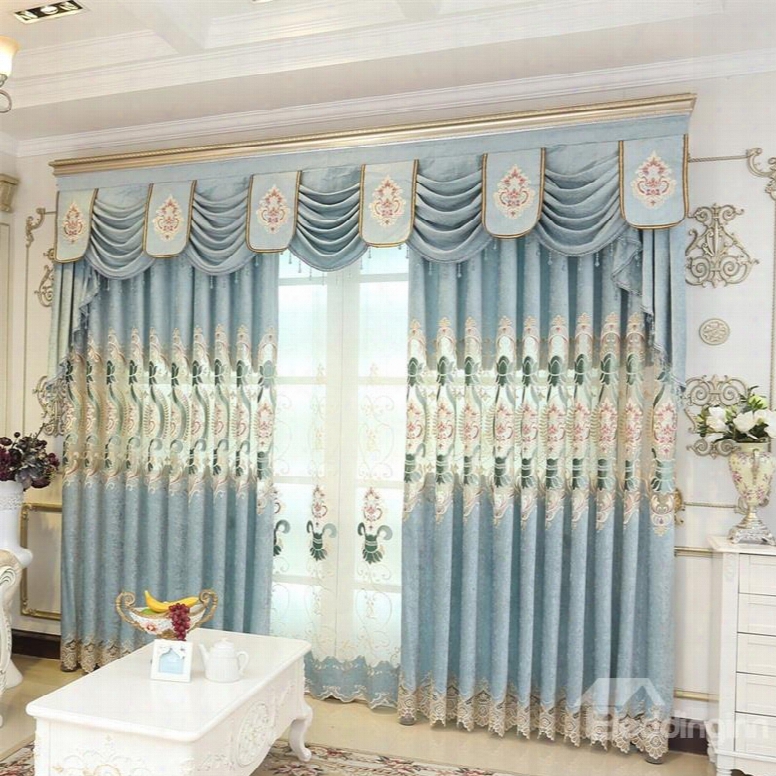 Beautiful Light Blue Embroidered Flowers Modern And Elegant Style 2 Panels Curtain