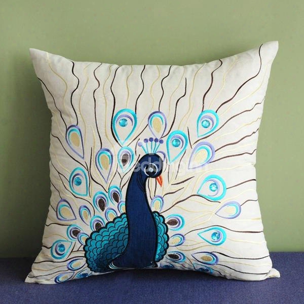 Beautiful Peacock Embroidery Pp Cotton Square Throw Pillow