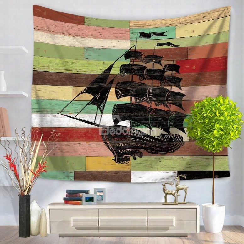 Black Sailing Boat Voyaging Pattern Vintage Style Decorative Hanging Wall Tapestry