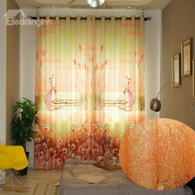 Blackout Thick Polyester Digital Printing Cartoon Sunset Girl Romantic Style Grommet Top Curtain