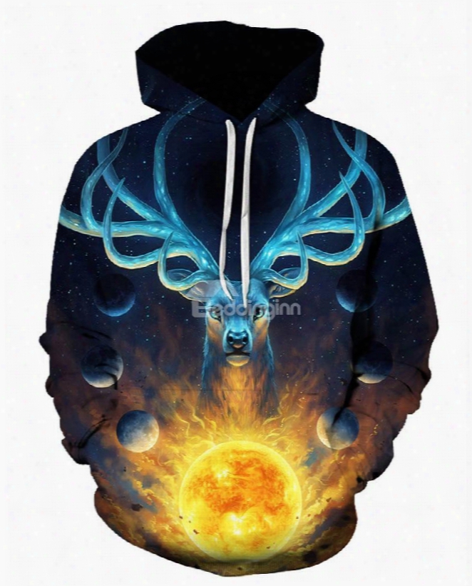 Blue Deer With Sun Long Sleeve 3d Pattern Hoodie